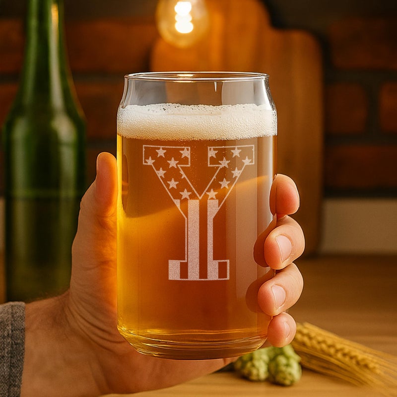 On The Rox Monogram Beer Glasses for Men (A-Z) 16 oz - Beer Gifts for Men Brother Son Dad Neighbor - Unique Gifts for Him - Personalized Drinking Gift Beer Glass Mugs - Engraved Beer Can Glass (Y) - Image 2